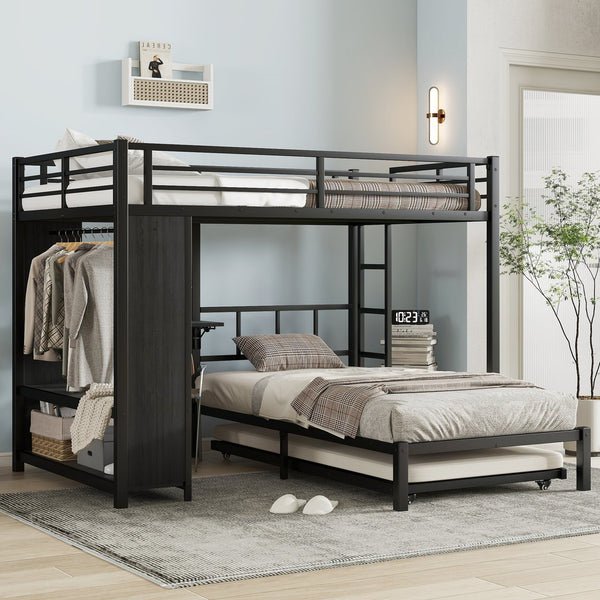 English Elm Full Over Twin Bunk Bed With Integrated Wardrobe, Trundle, Foldable Desk & Noise-Reduced Design In Black W1580S00136