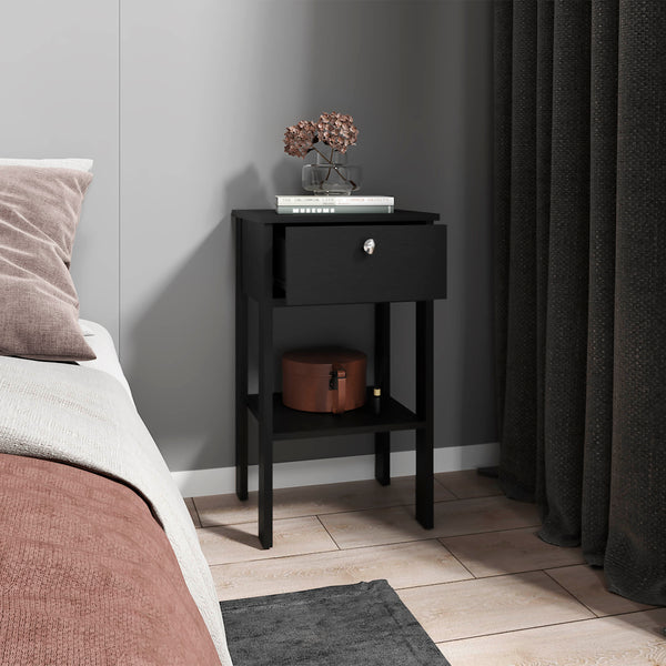 English Elm Nightstand, Black Wenge Engineered Wood with 1 Drawer & Open Shelf, Compact Elevated Design for Small Spaces B097P369428
