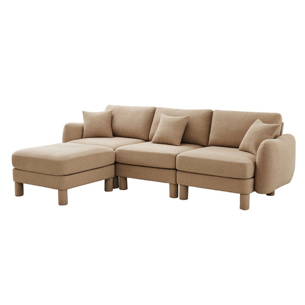 English Elm Boucle Fabric L-Shape Sectional Sofa With Removable Ottoman & Shell-Shaped Armrests In Coffee Color W3041S00285