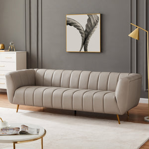 English Elm Ashcroft Furniture - LaMattina Mid-Century Modern Genuine Italian Leather Channel Tufted Sofa with Solid Wood Frame and High-Density Foam Comfort Beige,Light Gray B183P231985