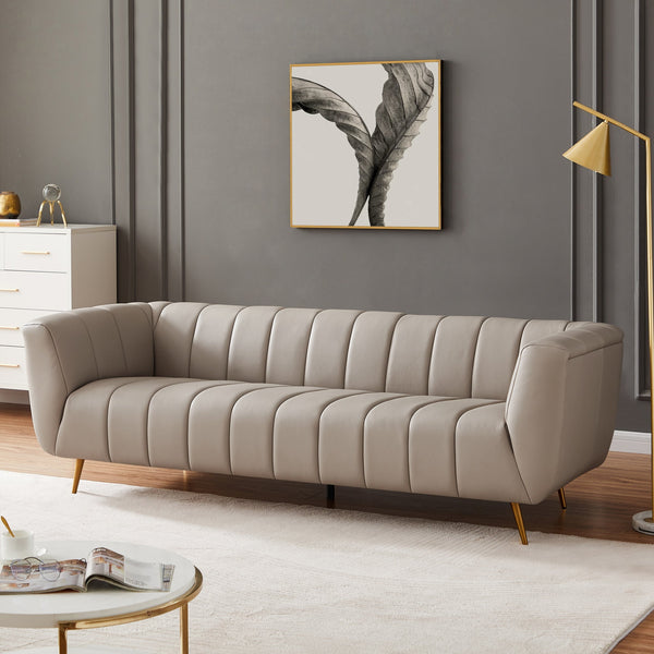 English Elm Ashcroft Furniture - LaMattina Mid-Century Modern Genuine Italian Leather Channel Tufted Sofa with Solid Wood Frame and High-Density Foam Comfort Beige,Light Gray B183P231985