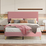 Queen Size Corduroy Upholstered Bed Frame, Pink, Horizontal Stripe Headboard, No Box Spring Needed