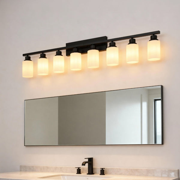 English Elm Wall Vanity Light Eight Bulb Matte Black Metal Glass Shade Modern Bathroom Fixture W5008P389870
