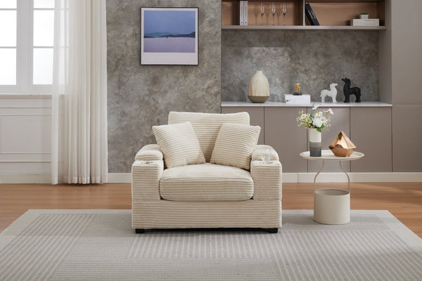 English Elm Corduroy Chaise Lounge Sofa With Movable Ottoman, Armrest Storage & Cupholders For Comfort W2120S00003-GIGA