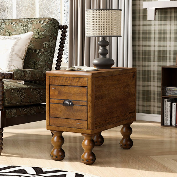 English Elm Solid Wood End Table - Vintage-Style Narrow Nightstand With Drawer For Small Spaces, Easy Assembly! W1202P176736-GIGA