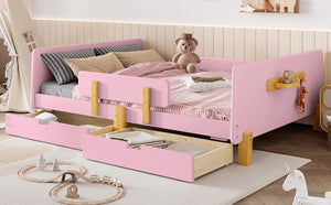 English Elm Twin Low Profile Kids Floor Bed Pine Wood Frame with Safety Rail and Built in Bookshelf Pink W1580P373245