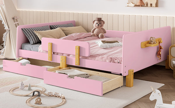 English Elm Twin Low Profile Kids Floor Bed Pine Wood Frame with Safety Rail and Built in Bookshelf Pink W1580P373245