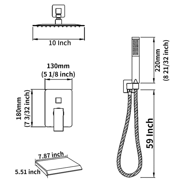 English Elm Rain Shower System with Square Head Handheld Sprayer and Waterfall Spout in Chrome T3177P420604