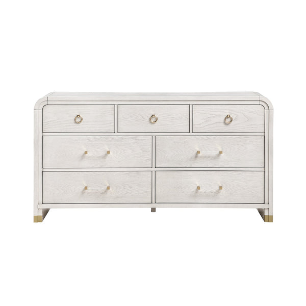 English Elm Malco Solid Wood Chest with Acrylic Bar Handles, Gold Detailing, Rounded Edges and Spacious Drawers Oak 71.25 L x 20.5 W x 40.25 H B201P391805