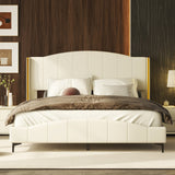 Queen Size Pu Leather Upholstered Platform Bed with Wingback Headboard, Metal Accents, Beige