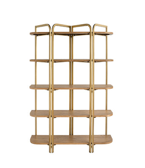 English Elm 48x15.5x70.5" Five-Tier Open Shelving Unit with Ash Veneer, Scalloped Iron Frame, Mid-Century Flair W2078P406684