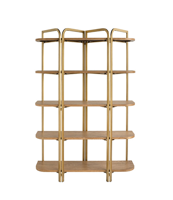 English Elm 48x15.5x70.5" Five-Tier Open Shelving Unit with Ash Veneer, Scalloped Iron Frame, Mid-Century Flair W2078P406684