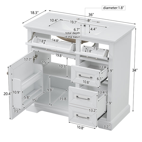 English Elm 36" Modern White Bathroom Vanity with Ceramic Undermount Sink, Heavy-Duty Storage & Soft-Close Drawers W2896P318472