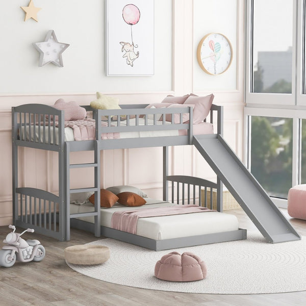 English Elm Twin Over Kids Bunk Bed with Built-in Slide Solid Pine Frame Gray Finish LT100514AAE