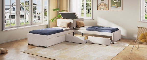 English Elm L-shaped Twin Platform Bed Set with Trundle Drawers and Center Table in Beige Linen GX000531AAA