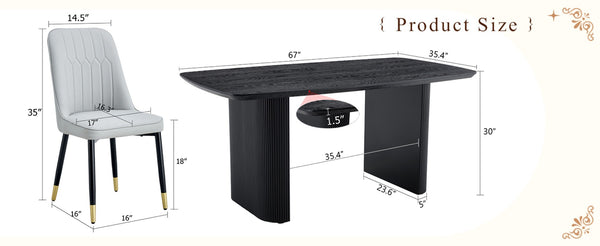 English Elm Table And Chair Set - 67" Black Wood Grain Mdf Dining Table With 8 Light Gray Pu Cushioned Chairs W1151S04173-GIGA