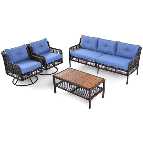 English Elm GO 4 Pieces Outdoor Acacia Wood Sofa Set with Removable Cushions, Woven Armrests & Coffee Table Blue N704G201247C