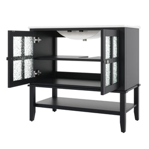 English Elm Christopher Knight Home® - 36" Bathroom Vanity with Ceramic Sink, Solid Wood Legs, Waterproof Finish, Soft-Close Hinges, Open Shelf, Silver Knobs Black N817P286249B