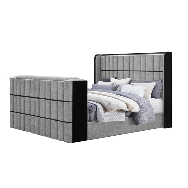 English Elm Isaiah Ultra Soft Grey Bed with 50" Motorized TV Lift, Built-In Audio and Footboard Media Hub Queen LED, Speakers, Fireplace B201S00406