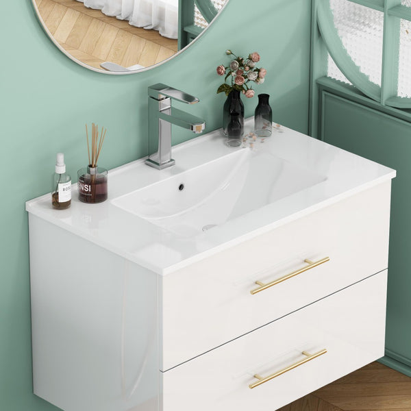 English Elm 30-inch White Ceramic Drop-in Sink for Minimalist Bathrooms with Pre-drilled Faucet W3151P360951