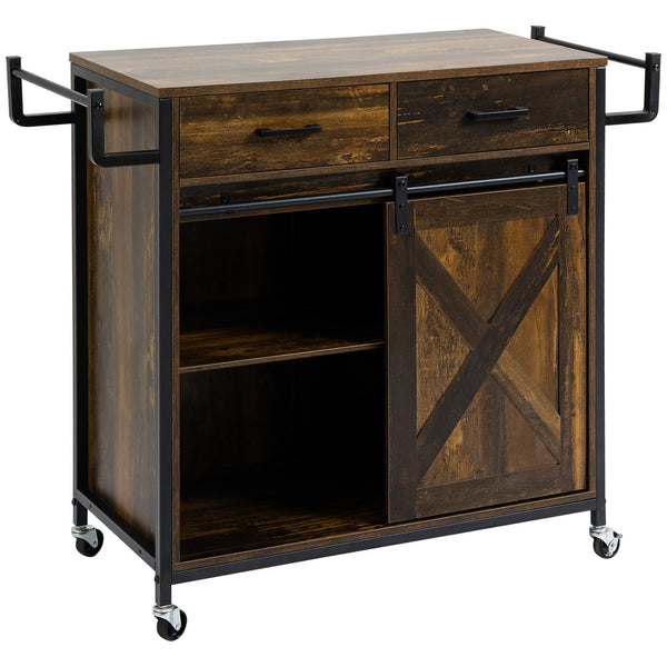 English Elm HOMCOM Rustic Brown Industrial Kitchen Cart with Rolling Wheels, Adjustable Shelf, Drawers & Barn Door Storage W2225P217417