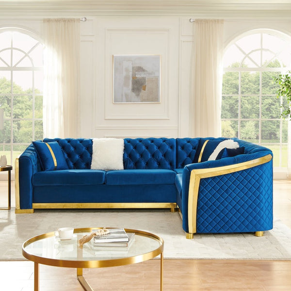 English Elm 106 Inch Velvet Tufted Chesterfield Sectional with Gold Steel Legs for Large Living Rooms Blue W1191S00126