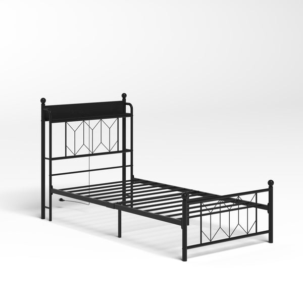 English Elm Twin Bed Frames with Storage Headboard, Built-In USB/Type-C Charging, LED Light, Space-Saving Design Black W2129P314785