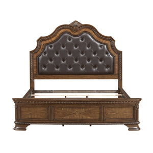 English Elm Formal King Bed With Upholstered Headboard - Dark Brown Sleigh Design, Intricate Carvings, Luxurious Comfort B011S02040