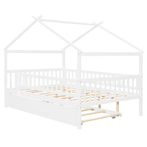 English Elm Full Size Pine House Bed with Roofline Frame and Roll Out Twin Trundle for Kids LP100306AAK