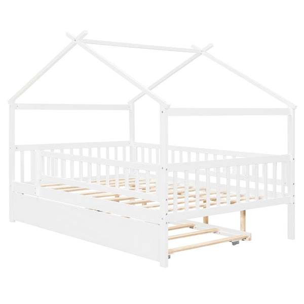 English Elm Full Size Pine House Bed with Roofline Frame and Roll Out Twin Trundle for Kids LP100306AAK