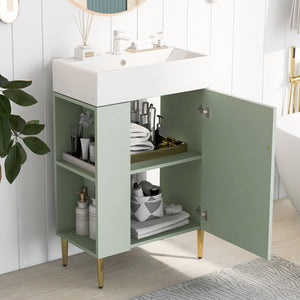 English Elm 21.6" Green Bathroom Vanity with Ceramic Sink, Left Side Storage, Gold Legs, Soft-Close, Modern Finish SV000007AAF
