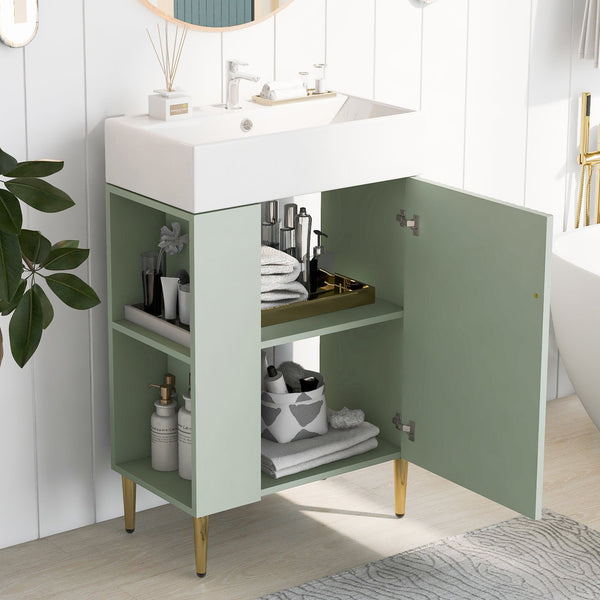 English Elm 21.6" Green Bathroom Vanity with Ceramic Sink, Left Side Storage, Gold Legs, Soft-Close, Modern Finish SV000007AAF