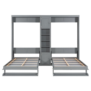 English Elm Dual Twin Wall Murphy Beds with Storage Tower Shelves for Kids or Guest Rooms Gray N820S00058E-1
