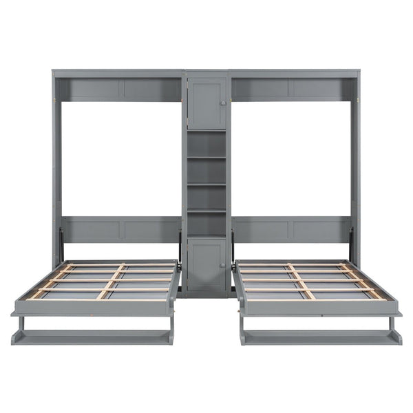 English Elm Dual Twin Wall Murphy Beds with Storage Tower Shelves for Kids or Guest Rooms Gray N820S00058E-1