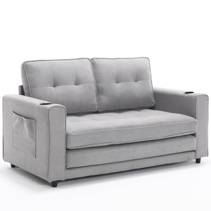English Elm {VIDEO 3-in-1 Upholstered Futon Sofa Bed Convertible Loveseat with Tufted Back, Cup Holders & Side Pockets Light Gray W2325P183182