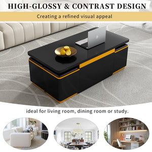 English Elm VIBE HAUS Lift-Top Coffee Table with Gold Trim, Foldable Workstation & Hidden Storage Stools Set Black N893S000010B