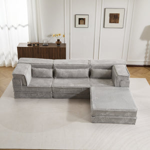 English Elm Compression Modular Sofa Bed, Versatile Light Grey Fleece Couch, No Assembly, 3-Seater & Ottoman W3723S00024