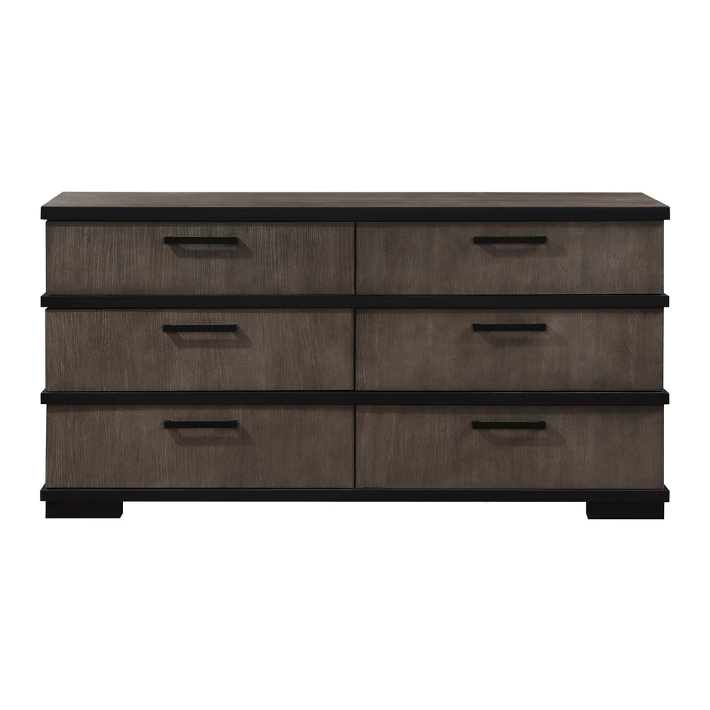 English Elm Two-Tone Modern Industrial Chest with Five Spacious Drawers Oak Veneer Texture and Bold Bar Hardware Black,Brown Gray 70.25 L x 21.5 W x 38.25 H B011P242782