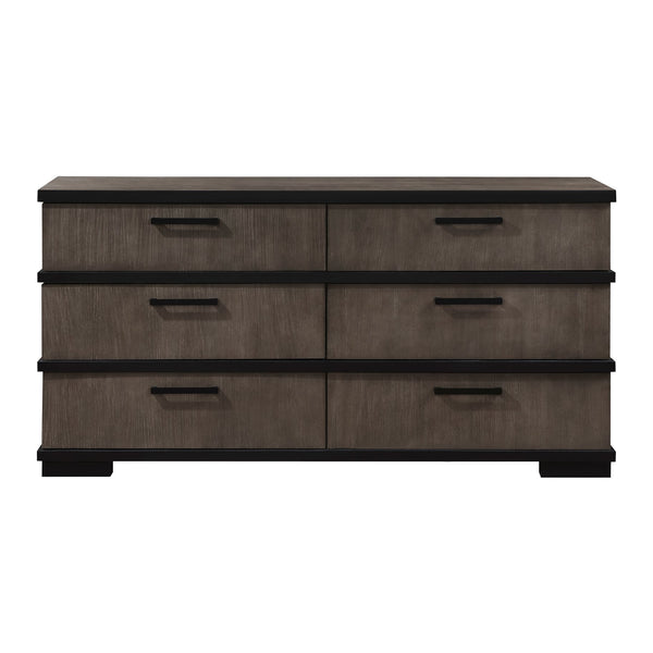 English Elm Two-Tone Modern Industrial Chest with Five Spacious Drawers Oak Veneer Texture and Bold Bar Hardware Black,Brown Gray 70.25 L x 21.5 W x 38.25 H B011P242782