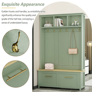 English Elm On-trend Entryway Hall Tree with Gold Hooks Bench Drawers and Shoe Cabinet Storage Mint Green N721S000056M-1