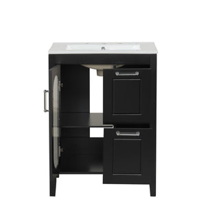 English Elm 24" Modern Bathroom Vanity with Ceramic Sink, Solid Wood & MDF Cabinet, Two Drawers, Shelf Black N725P245273B