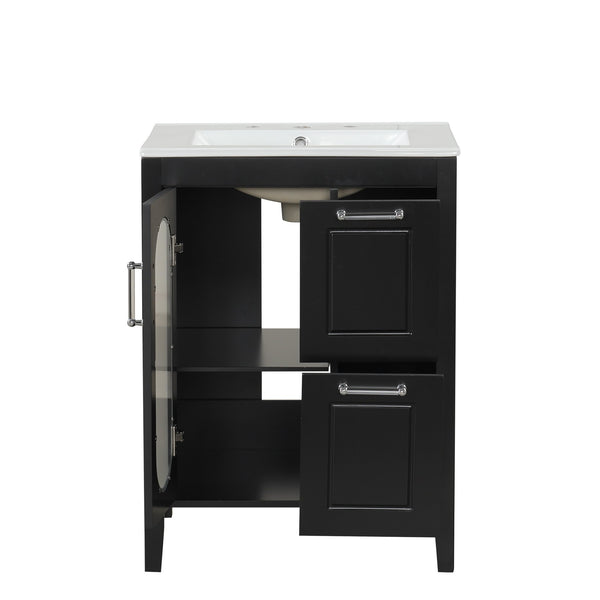 English Elm 24" Modern Bathroom Vanity with Ceramic Sink, Solid Wood & MDF Cabinet, Two Drawers, Shelf Black N725P245273B
