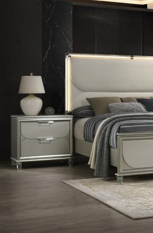 English Elm Glamorous Luxury Fabric Upholstered Queen Bed with LED Headboard, Embossed Panels & 2 Nightstands Set Silver 33 L x 21 W x 28 H B2741S00359