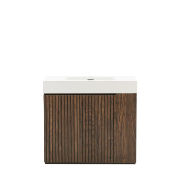 English Elm Galan Freestanding Bathroom Vanity Quartz Basin Fluted Wood Cabinet Modern Bath Walnut Brown W1865S00220