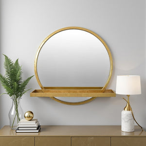 English Elm Feno Round Wall Mirror with Shelf Gold Metal Frame Entryway Vanity Accent Piece B056P416953