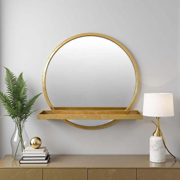 English Elm Feno Round Wall Mirror with Shelf Gold Metal Frame Entryway Vanity Accent Piece B056P416953