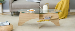 English Elm Oval Tempered Glass Coffee Table with Wood Grain Legs and Built-in Fan Tray Shelf W1151P256007