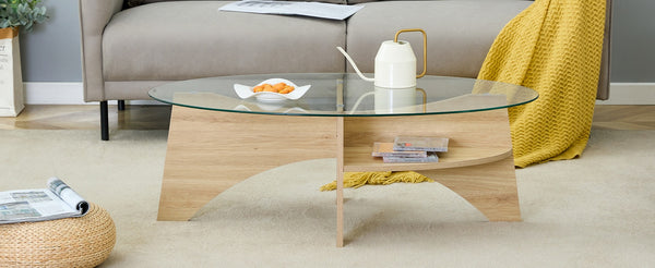 English Elm Oval Tempered Glass Coffee Table with Wood Grain Legs and Built-in Fan Tray Shelf W1151P256007