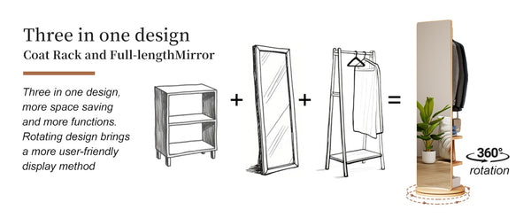 English Elm 360° Swivel Full Length Floor Mirror with Coat Hooks Rubberwood Stand Entryway Bedroom W2987P438044