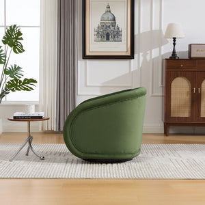English Elm Swivel Barrel Chair Pumpkin Sculptural Velvet Upholstered with Walnut Wood Round Base Green W3244P427740